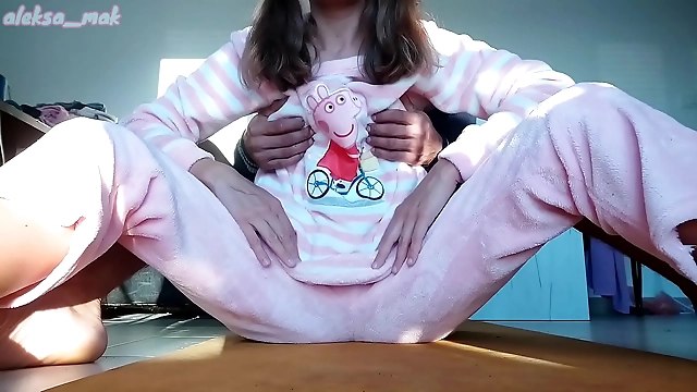 Horny stepbrother can't resist jerking his stepsister's wet cunt and small tits in pajama