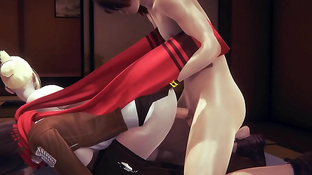 Japanese Manga Anime Game Porn: Luscious Annie Leonhart's Threesome with Mikasa