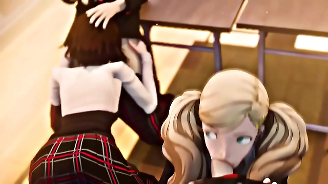 JAV Amateur Ann Takamaki and Makoto Niijima Suck Cocks in Persona 5 Classroom